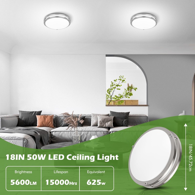 GoBright 18IN 50W LED Flush Mount Ceiling Light, 5600lm Bright