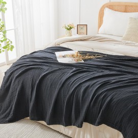 EMME Cotton Muslin Queen Blanket Bed Layering Breathable Gauze Blanket Soft Lightweight Blankets Adults (Black, 90"x90")