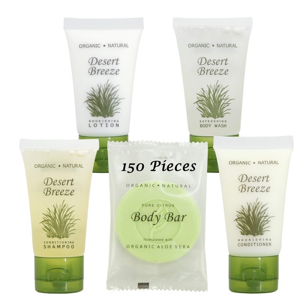 Desert Breeze Hotel Soaps and Toiletries Bulk Set | 1-Shoppe All-In-Kit Amenities for Hotels | 1oz Hotel Shampoo & Conditioner, Body Wash, Body Lotion & Bar Soap | Travel Size Toiletries 150 Pieces