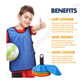 Soccer Cones (Set of 50) and Sports Jerseys Pinnies (12-Pack) - Perfect Disc Cones for Basketball Drills, Complete Soccer Training Equipment