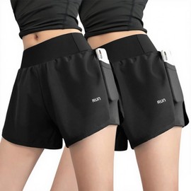 TOPONE Short Deportivo Mujer 2 In 1, Licra Pantalones Corta Secado rápido con Bolsillos, Ropa Aire Libre Cintura Alta Elástica para Correr, Ejercicio, Fitness, Yoga, Bikers, Running(Negro 2 Piezas-M)
