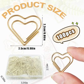 100Pcs Metal Paper Clips, Heart Shaped Binder Clips,Mini Love Heart Shaped Paper Clips Bookmarks, Small Paperclips Clamps with Clear Box,Paperclips for Photos Document Notes Organizing (Golden)