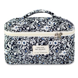 GISMTR Makeup Bag, Floral Quilted Cosmetic Bag, Large Travel Aesthetic Make up Bag, Cute Coquette Toiletry Bag for Women Girls, Flower K