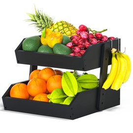 Gmtsl Bamboo Fruit Basket for Kitchen– 2 Tier Fruit Bowl For Kitchen Counter, Large Fruit Holder With 2 Banana Hangers, Idea For Fruit and Vegetable Storage, Bread Basket, Snack Organizer(BLACK)