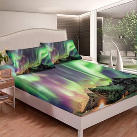 Galaxy Bedding Set for Girls Kids Women Teens Northern Light Fitted Sheet Decorative Starry Sky Aurora Bed Sheet Set Chic Mountain Natural Scenery Bed Cover Double Size 3Pcs