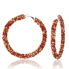 Glitter Hoop Earrings Full Circle Round Sparkle Rhinestone Crystal Wrapped Drop Dangle Earrings for Women Bohemia Statement Jewelry-red