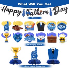 Father's Day Party Decorations Supplies, Happy Fathers Day Decorations Include Happy Father’s Day Banner, 12Pcs Hanging Swirls, 3Pcs Honeycomb Centerpiece, Fathers Day Decoration for Party, NO DIY