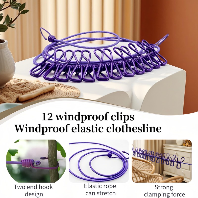 Portable Clothesline with 12 Clips - Extends 12ft, Heavy Duty
