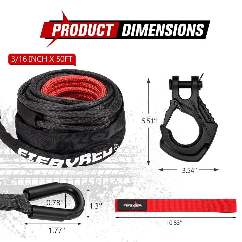 FIERYRED 3/16inch 50FT 8500LBS Synthetic Winch Rope Cable Kit with