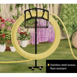 Fire Beauty Garden Hose Holder,Freestanding Water Hose Holder with Storage Basket,In ground Hose Rack Organizer for Outdoor,Detachable Hose Holder Stake,Hose Reel Stand Rack for Outside Lawn Yard