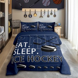 Feelyou Ice Hockey Comforter Set Twin Navy Blue Bedding Set for Kids Sports Theme Comforter Women Men Teens Ultra Soft Decor Ball Games Quilt Set