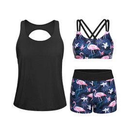 Yonique - Trajes de baño tankini para mujer, 3 piezas, playera sin mangas con pantalones cortos para niño y brasier modestos trajes de baño, Negro -, X-Small