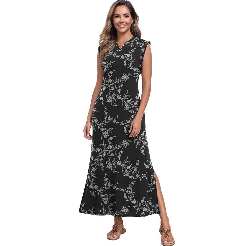 lionstill Women's Summer Slit Maxi Dress Casual Cap Sleeve V