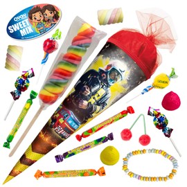 OYOY 22 cm School Cone Filled with Candy Mix I ROTH School Cone Fire Brigade I Small School Cone Ready Filled I Siblings School Cone I School Gift