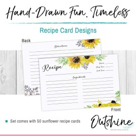 Outshine Premium Recipe Cards 4x6 Inches, Sunflower Design (Set of 50) | No-Smear Double Sided Cardstock | Bulk Blank Recipe Cards for Recipe Box 4x6 | Recipe Cards for Bridal Shower | Gift for Mom