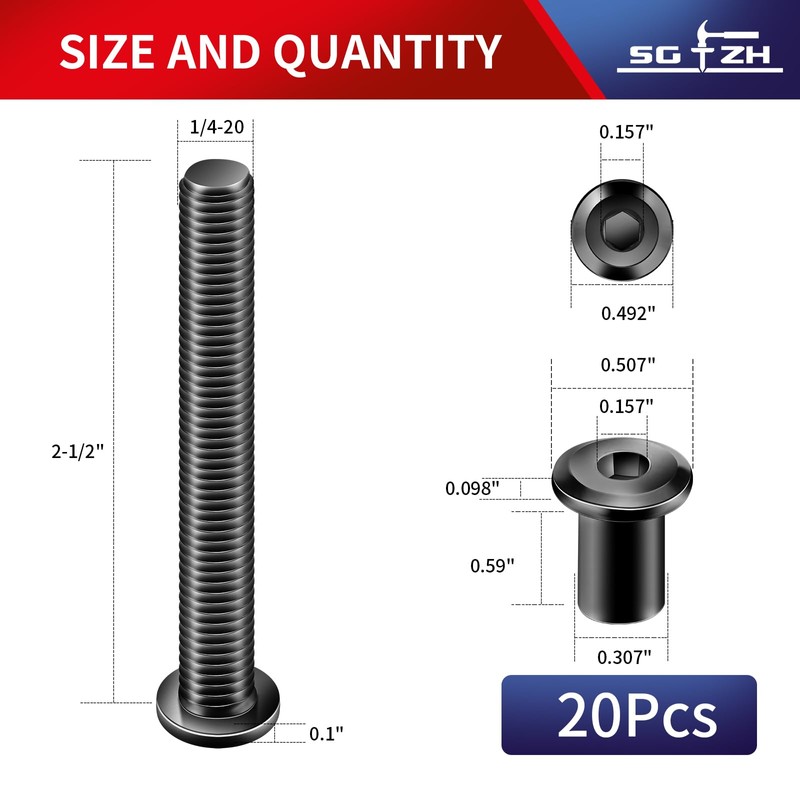 1/4-20 x 2-1/2" 20Pcs Flat Head Hex Socket Cap Screws