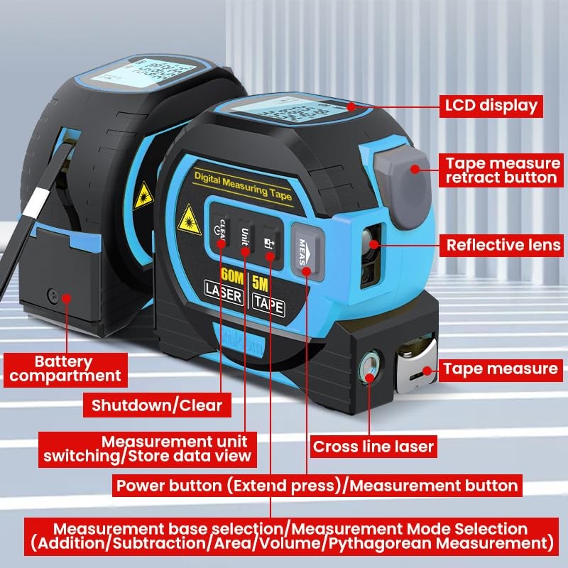 60M Infrared Laser Tape Measure, 3-in-1 Handheld Laser Distance Meter