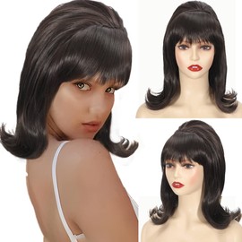 Daiaces Beehive Wig Retro Dark Brown 60s 70s Wig with Bangs Curly Synthetic Vintage Drag Queen Wigs