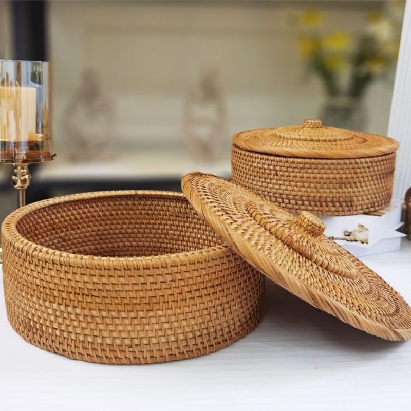 Rattan Basket With Lid, Lidded Wicker Storage Basket for Organizing,