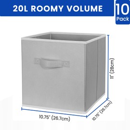 Storage Cubes, 11 Inch Cube Storage Bins (Set of 10), Fabric Collapsible Storage Bins with Dual Handles, Foldable Cube Baskets for Shelf, Closet Organizers and Storage Box (Grey)