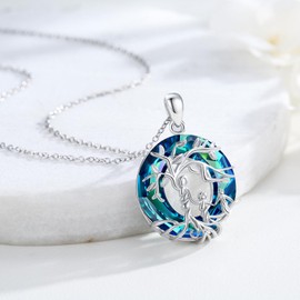 Women's Tree of Life Necklace 925 Sterling Silver Mother and 2 Children Chain with Circle Crystal Tree of Life Round Pendant Mum Daughter Jewellery Gifts for Girls, Sterling Silver, circle crystal