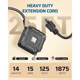 DEWENWILS 25FT Heavy Duty Outdoor Extension Cord, 6-Outlet with On/Off Switch & Waterproof Silicone Cover, 14/3 Gauge SJTW, Black Power Cord, 15A/125V/1875W, ETL Listed