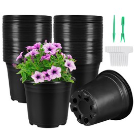 Huvai 100 Pack 0.5 Gallon Plastic Plant Nursery Pots Thickened Soft Plastic Plant Pots with 100 Pcs Waterproof T-Type Plant Tags and 2Pcs/Set Transplanting Digging Mini Tools(Black)