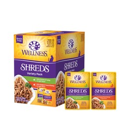 Wellness Healthy Indulgence Shreds Adult Wet Cat Food, Natural, Protein-Rich, Grain Free, 3 Ounce Pouch, 8 Pack, (Shreds Variety Pack)