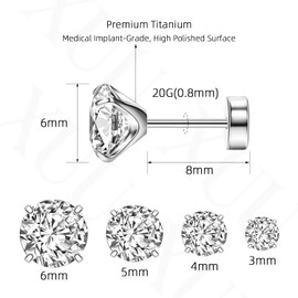XUU Implant Grade Titanium Flat Back Stud Earrings Set for Women, Hypoallergenic 20G Screw Back Earrings for Sensitive Ears, 3-6mm CZ Crystal, Gold Silver Black (Silver Clear CZ)