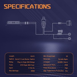 YCHOW-TECH LED Light Bar Wiring Harness 1 Lead 16AWG Nylon Kit for Fog Lights, LED Light Bars, Pods - 12V 40A Relay Fuse On/Off 5 Pin Rocker Switch Wire Harness for Offroad Trucks, UTVs, ATVs, Boats