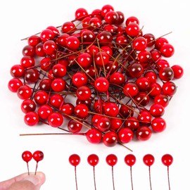 DIYASY 100 pcs Artificial Holly Berries, Mini 10 mm Christmas Fake Berries with Wire Stems Xmas Red Berry Stems Picks for Christmas Tree Decorations Wreath Craft Wedding Party Decor