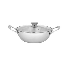 Nobel Triply Stainless Steel Deep Wok with Glass Lid, 28 cm, Stay-Cool Handles, Gas and Induction Compatible (30 cm Glass Lids)