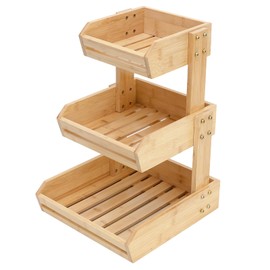 KISENG Bamboo 3 Tier Fruit Basket Stand for Kitchen Counter, Tiered Wooden Large Countertop Vegetable Fruit Holder with Banana Hook, Natural