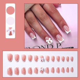 French False Nails - 24PCS Press On Nails with 3D Bow - Square French White Stick on Nails with Glue - Removable Glossy Full Cover Fake Nail for Women Girls Valentines Days Nail Art