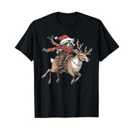Funny Raccoon Riding Reindeer Cowboy Cowgirl Christmas T-Shirt