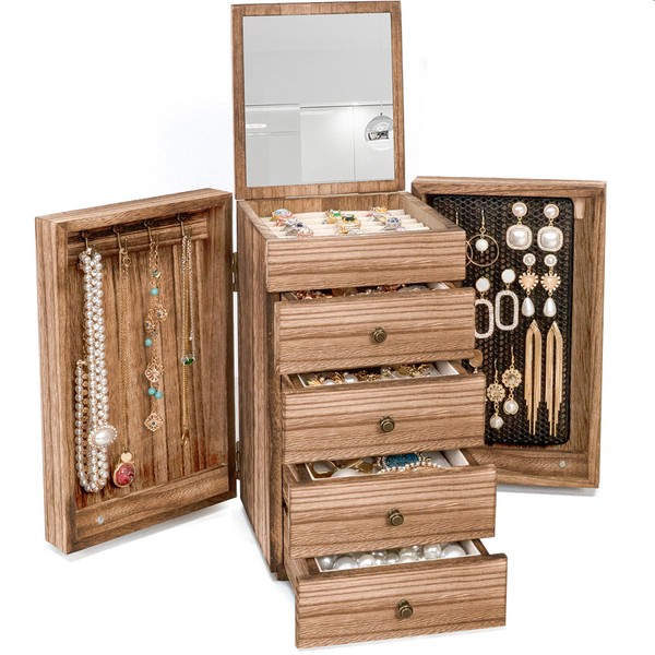 Meangood Jewelry Box Wood for Women, 5-Layer Large Organizer Box with Mirror & 4 Drawers for Rings, Earrings, Necklaces, Vintage Style Torched Wood