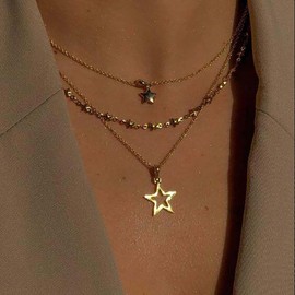 Inilbran Boho Layered Star Necklace Choker Gold Star Choker Necklace Vintage Mini Star Pendant Necklace Multilayer Star Chain Necklace Jewellery for Women and Girls, Zinc