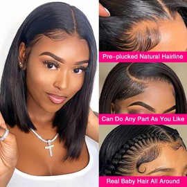 Short Bob Wig Human Hair 180% Density Straight Bob Frontal Wigs 13X4 Lace Frontal Bob Wig Human Hair Glueless Pre Plucked with Baby Hair Natural Black 8 inch