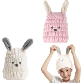 Toalla para Cabello, 2 Unidades, Toalla Microfibra Cabello, Toalla Cabello, Diseño De Conejito Blanco Y Rosa, Suave Coral Fleece, Absorción Rápida, Cuidado del Cabello, Uso Diario
