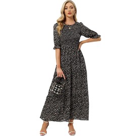 Womens Summer Casual Half Sleeve Bohemian Floral Tiered Maxi Black Floral