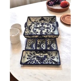 Five-Piece Talavera Casserole Baking Set - Blue and White, 13x9 Inches, Oven Safe, Microwave Safe, Dishwasher Safe, Hand-Painted Mexican Pottery