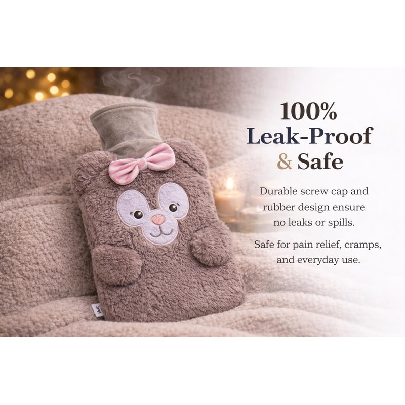 ZOVEXA Large Hot Water Bottle with Plush Animal Cover, 2L