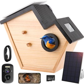 Wood Bird House Feeder with Camera, 2K HD Smart WiFi Bird Cam Solar Powered with LED Light, 32G Card, Bird Box Camera Wireless Outdoor, Wooden Bird Houses for Outside, Gifts for Bird Lovers Women
