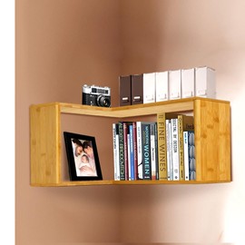 Hapii Floating Sturdy Unique Corner Wall Shelf - Space-Saving, Eco-Friendly Bamboo, Easy Install for Modern Home Decor, Reversble Floating Corner Shelves for All Walls at Work or Home