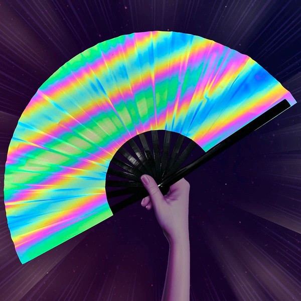 OMyTea Reflective Rave Hand Fan Foldable for Women/Men/Drag Queen - Large Clack Festival Folding Hand Fan - for EDM, Music Festival, Event, Party, Dance, Performance (Holographic)