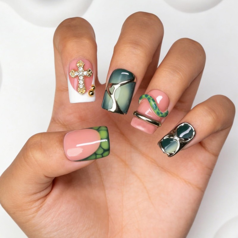 Handmade Square Press on Nails Green French Tip Short Stick