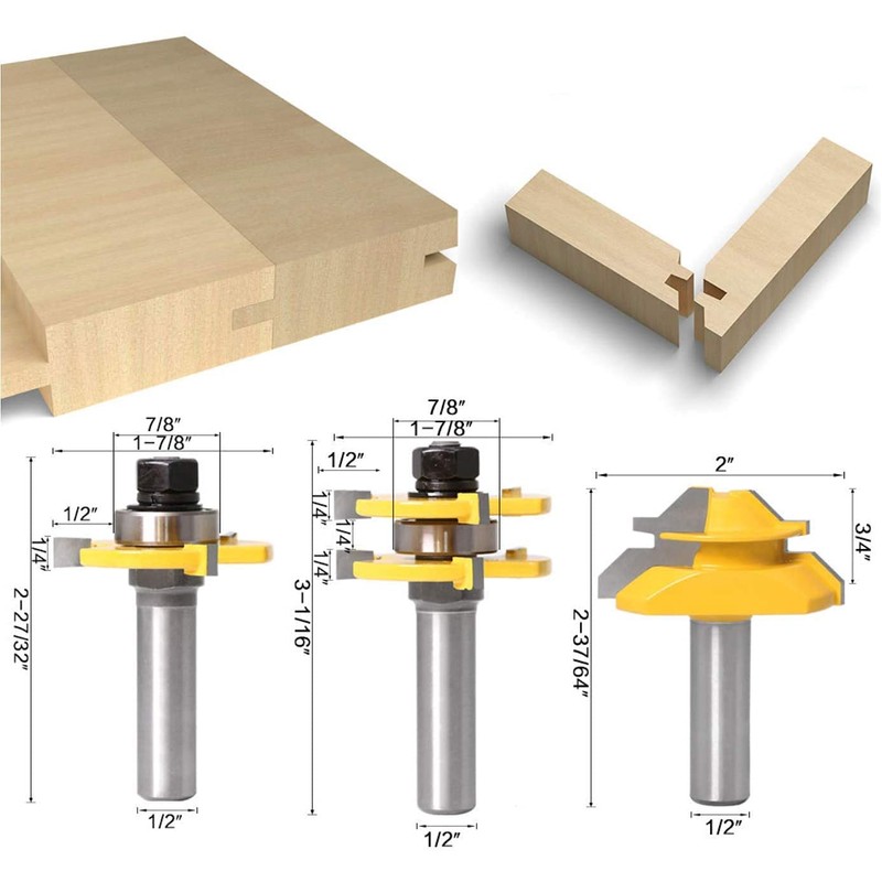 Lock Miter 45 Degree Joint Router Bits + 2Pcs Tongue
