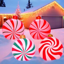 4 Pcs 24'' Giant Light Up Christmas Inflatable Balls LED Light PVC Decorated Bell Ball Large Oversized Ornaments with Remote for Outdoor Yard Pool Lawn Porch Holiday Decor (Round Candy)