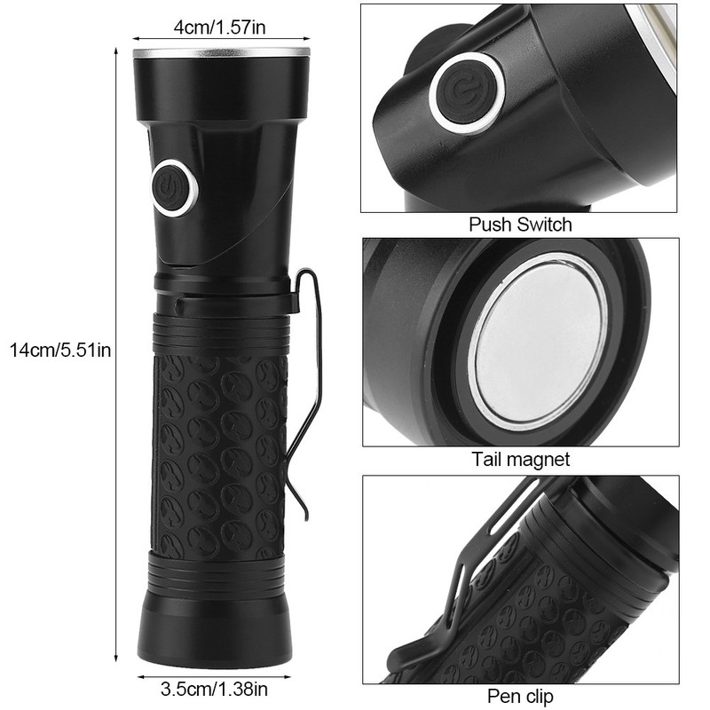 Zerodis Portable Handheld Bright Flashlight,T6+COB LED Torch,90°Foldable Magnetic Tail,4 Mode