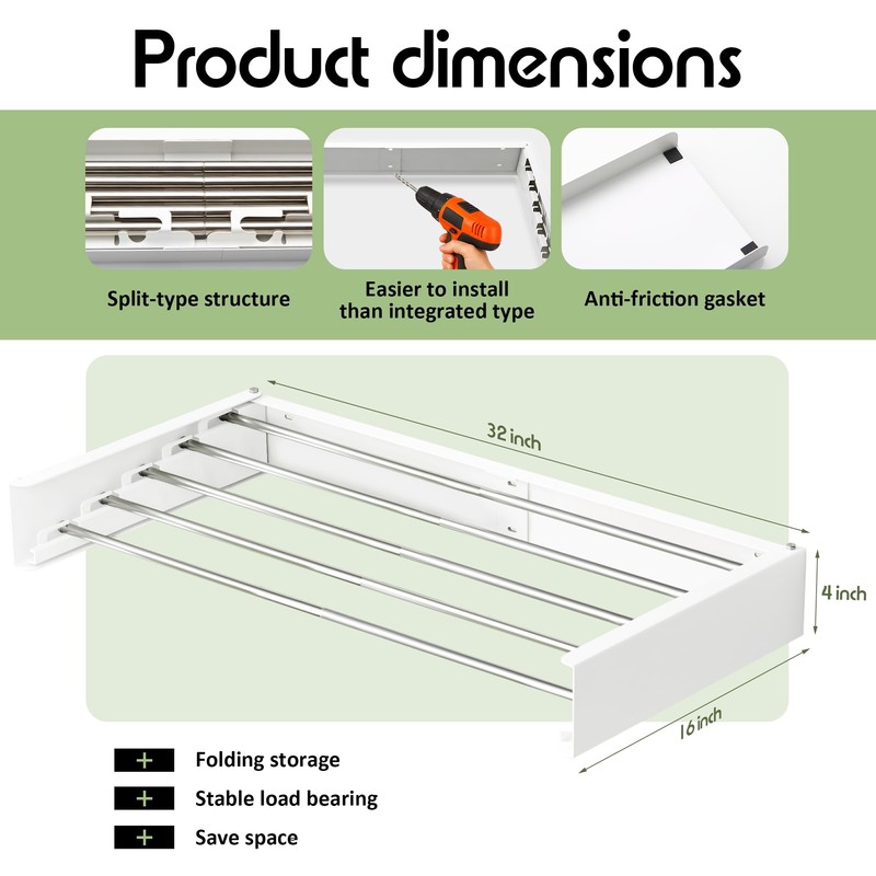 BOQORAD Clothes Drying Rack Wall Mounted 32“,Drying Rack Clothing Wall
